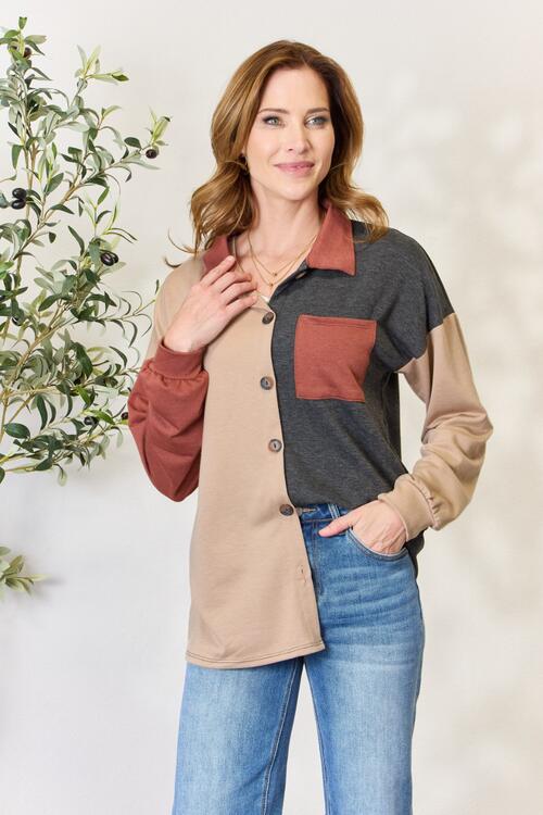 Heimish Full Size Color Block Button Down Shacket  | KIKI COUTURE