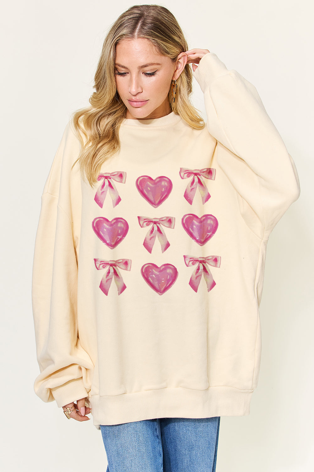 Simply Love Full Size Bow & Heart Graphic Long Sleeve Sweatshirt  | KIKI COUTURE