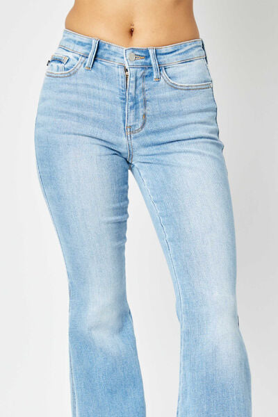 Judy Blue Full Size Mid Rise Raw Hem Slit Flare Jeans  | KIKI COUTURE