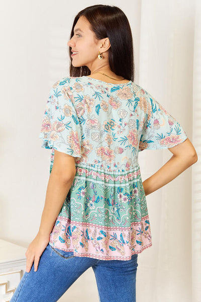 Double Take Floral Tie Neck Short Sleeve Blouse  | KIKI COUTURE