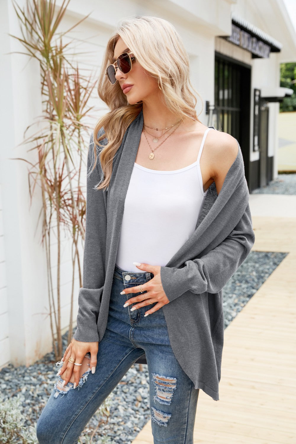 Open Front Long Sleeve Longline Cardigan  | KIKI COUTURE-Women's Clothing, Designer Fashions, Shoes, Bags