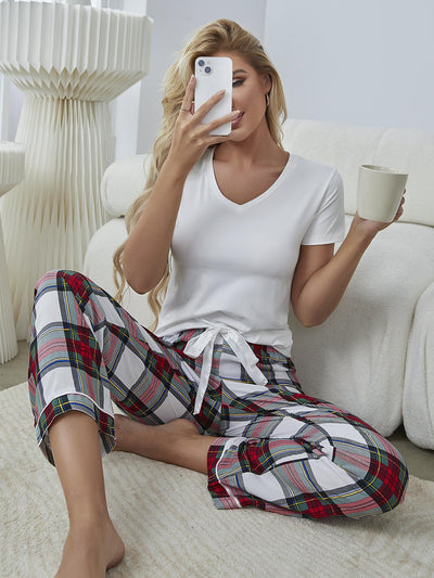 V-Neck Tee and Plaid Pants Lounge Set  | KIKI COUTURE-Women's Clothing, Designer Fashions, Shoes, Bags