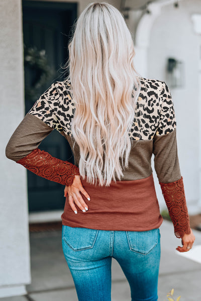Leopard Print Lace-Up Spliced Lace Top  | KIKI COUTURE-Women's Clothing, Designer Fashions, Shoes, Bags