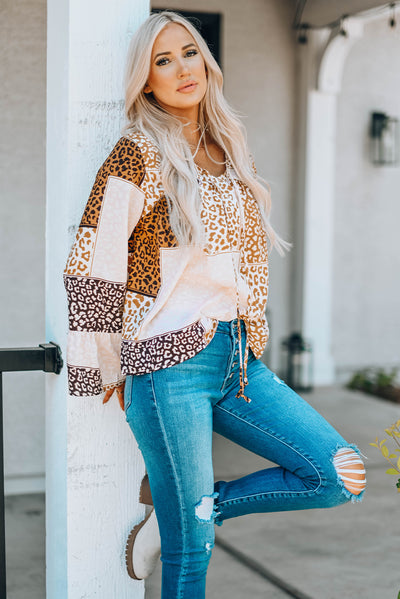 Leopard Patchwork Tied Flare Sleeve Blouse  | KIKI COUTURE-Women's Clothing, Designer Fashions, Shoes, Bags