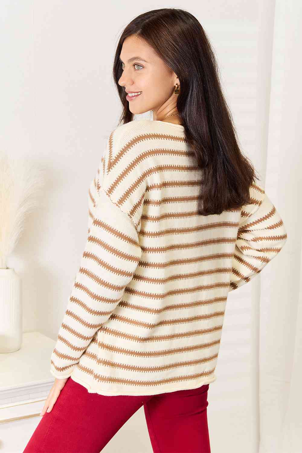 Double Take Striped Boat Neck Sweater  | KIKI COUTURE