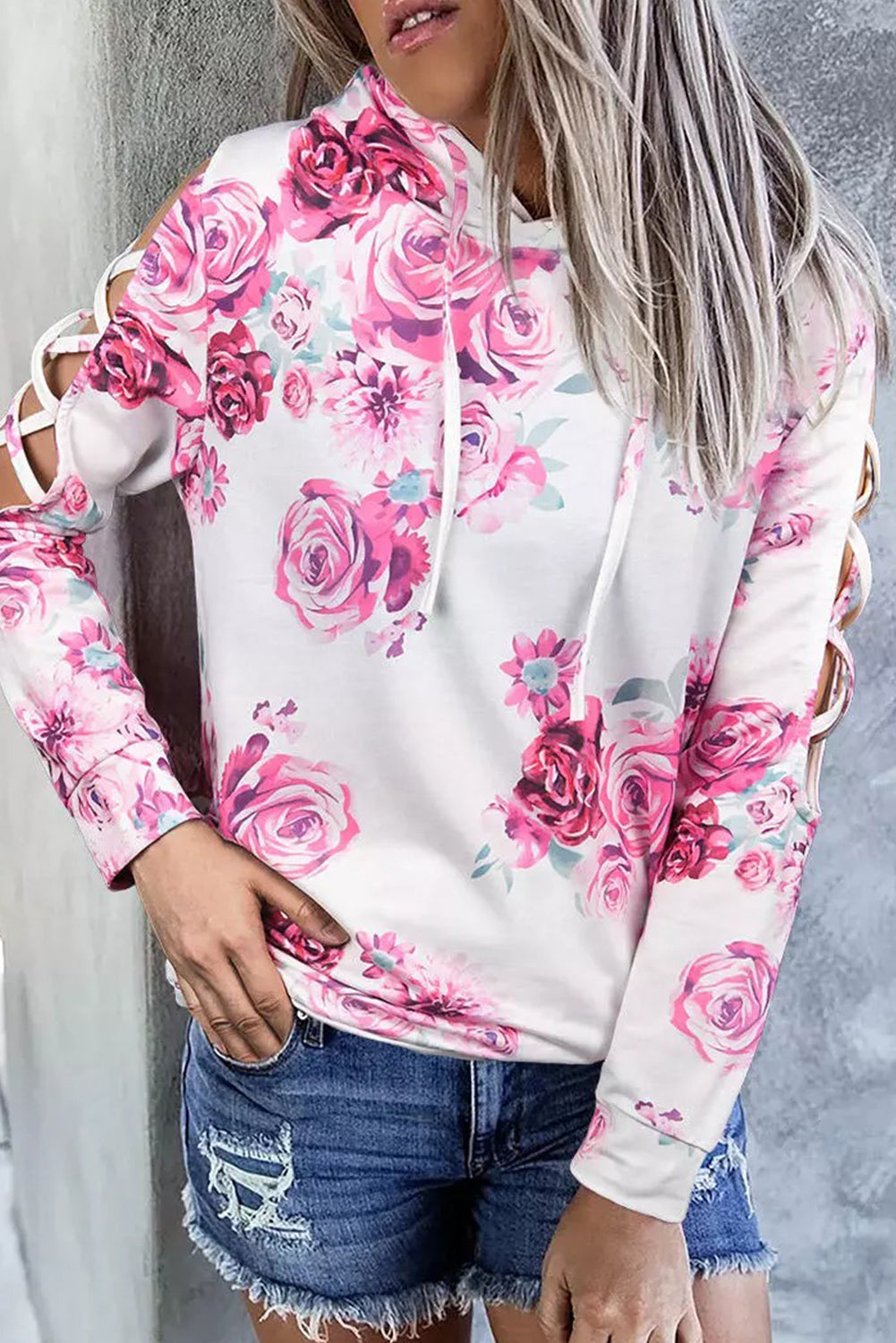Floral Crisscross Drawstring Hoodie  | KIKI COUTURE-Women's Clothing, Designer Fashions, Shoes, Bags