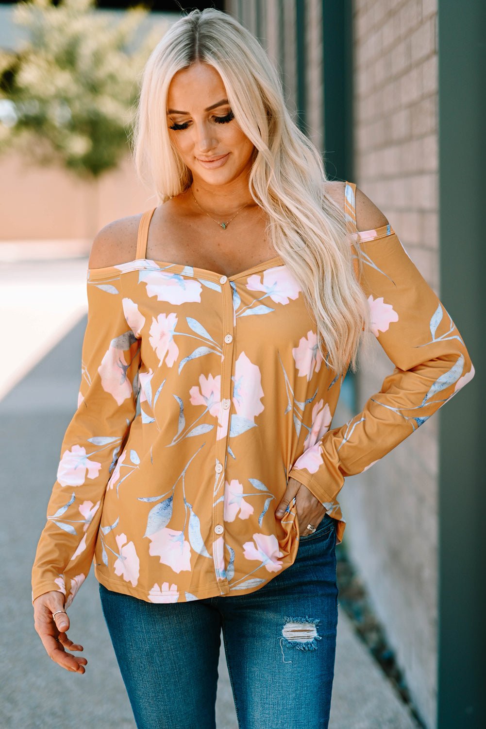 Floral Cold-Shoulder Long Sleeve Top  | KIKI COUTURE-Women's Clothing, Designer Fashions, Shoes, Bags