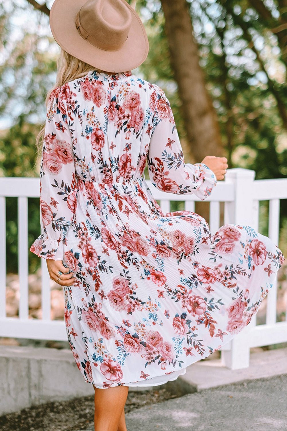 Floral Mock Neck Flounce Sleeve Midi Dress  | KIKI COUTURE-Women's Clothing, Designer Fashions, Shoes, Bags