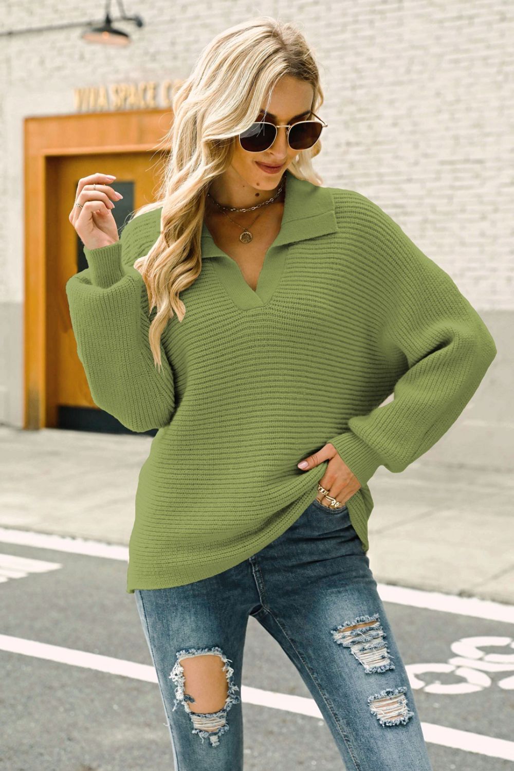 Horizontal Ribbing Johnny Collar Sweater  | KIKI COUTURE-Women's Clothing, Designer Fashions, Shoes, Bags