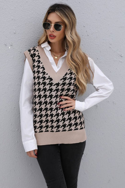 Houndstooth V-Neck Knit Vest  | KIKI COUTURE-Women's Clothing, Designer Fashions, Shoes, Bags