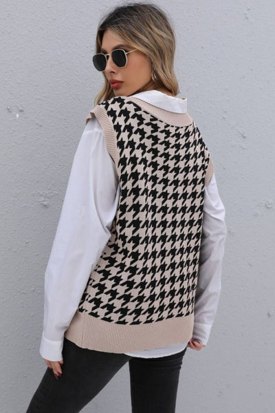Houndstooth V-Neck Knit Vest  | KIKI COUTURE-Women's Clothing, Designer Fashions, Shoes, Bags