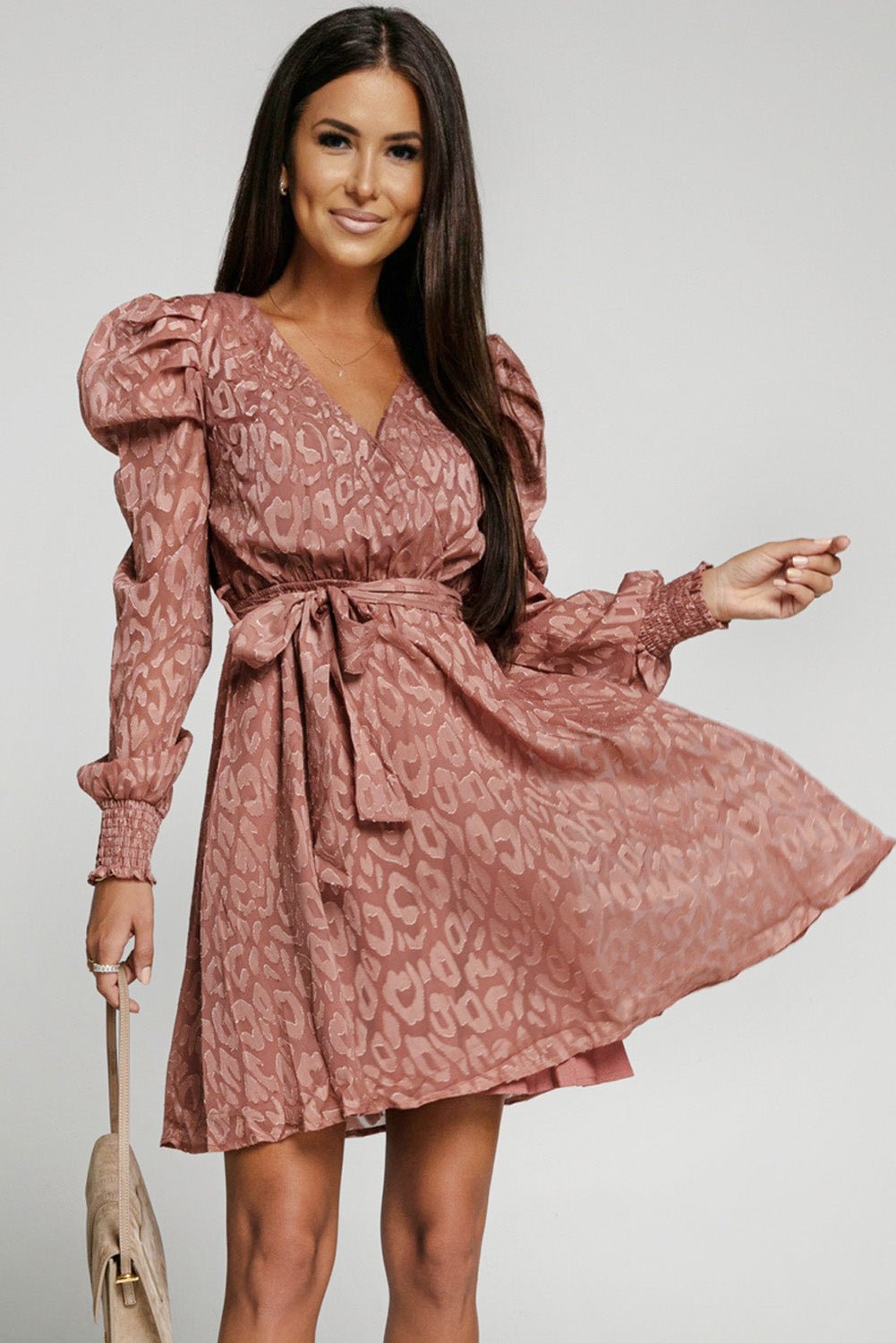Leopard Belted Puff Sleeve V-Neck Dress  | KIKI COUTURE-Women's Clothing, Designer Fashions, Shoes, Bags