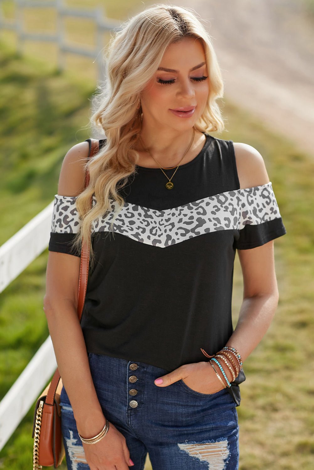 Leopard Cold-Shoulder Tee Shirt  | KIKI COUTURE-Women's Clothing, Designer Fashions, Shoes, Bags