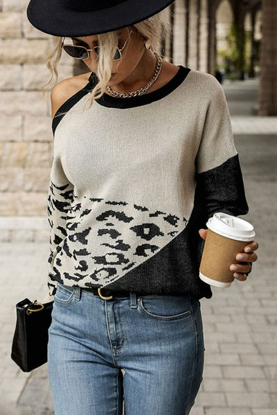 Leopard Color Block Cold-Shoulder Sweater  | KIKI COUTURE-Women's Clothing, Designer Fashions, Shoes, Bags