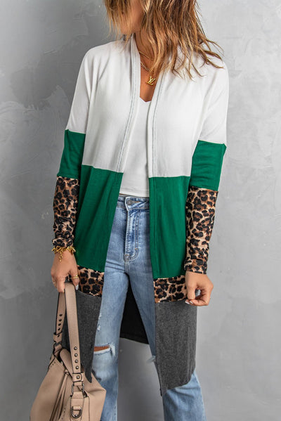 Leopard Color Block Open Front Longline Cardigan  | KIKI COUTURE-Women's Clothing, Designer Fashions, Shoes, Bags