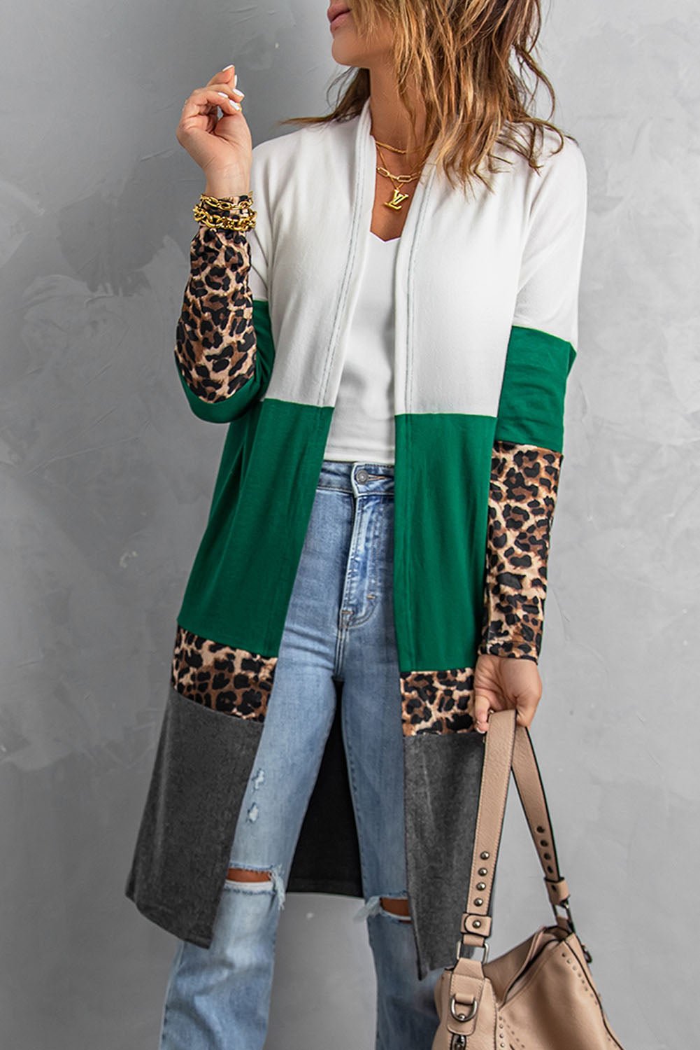 Leopard Color Block Open Front Longline Cardigan  | KIKI COUTURE-Women's Clothing, Designer Fashions, Shoes, Bags