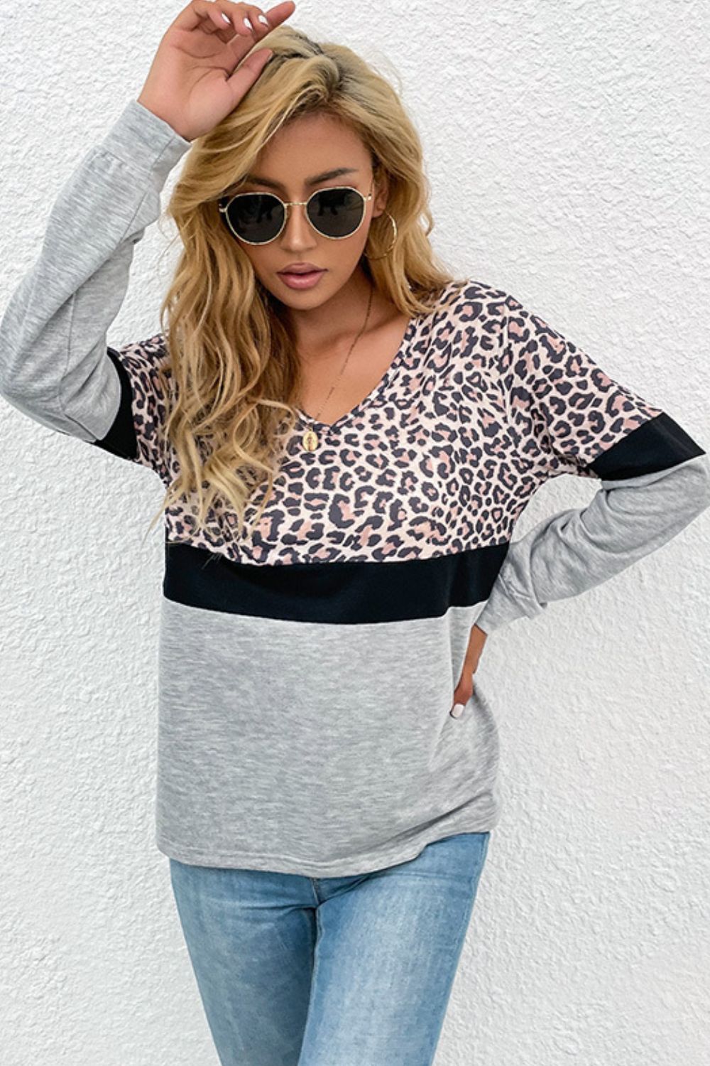 Leopard Color Block V-Neck Long Sleeve Top  | KIKI COUTURE-Women's Clothing, Designer Fashions, Shoes, Bags