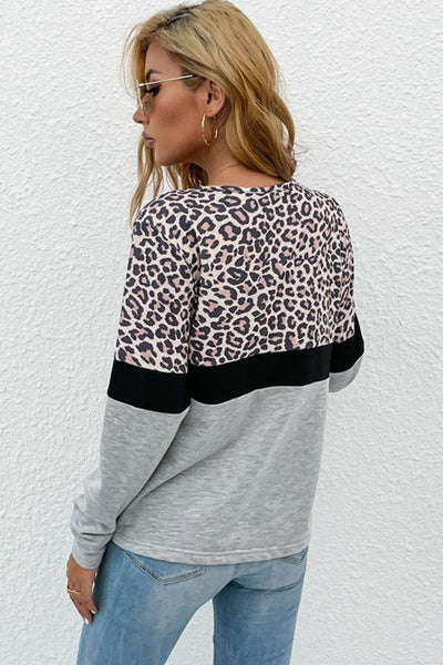 Leopard Color Block V-Neck Long Sleeve Top  | KIKI COUTURE-Women's Clothing, Designer Fashions, Shoes, Bags