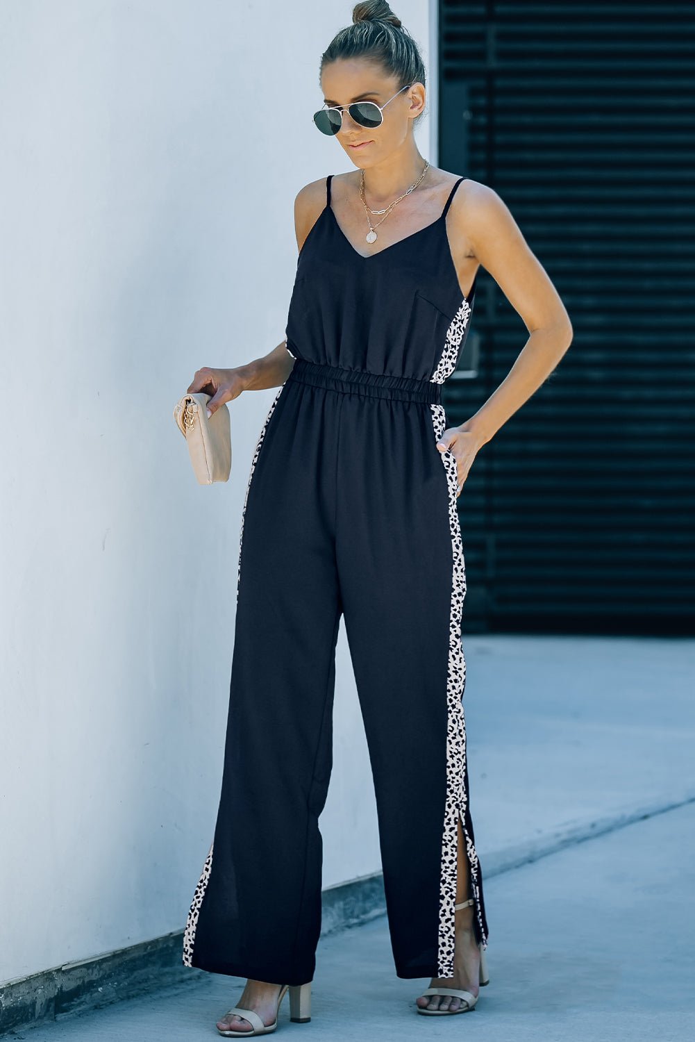 Leopard Contrast Spaghetti Strap Wide Leg Jumpsuit  | KIKI COUTURE-Women's Clothing, Designer Fashions, Shoes, Bags