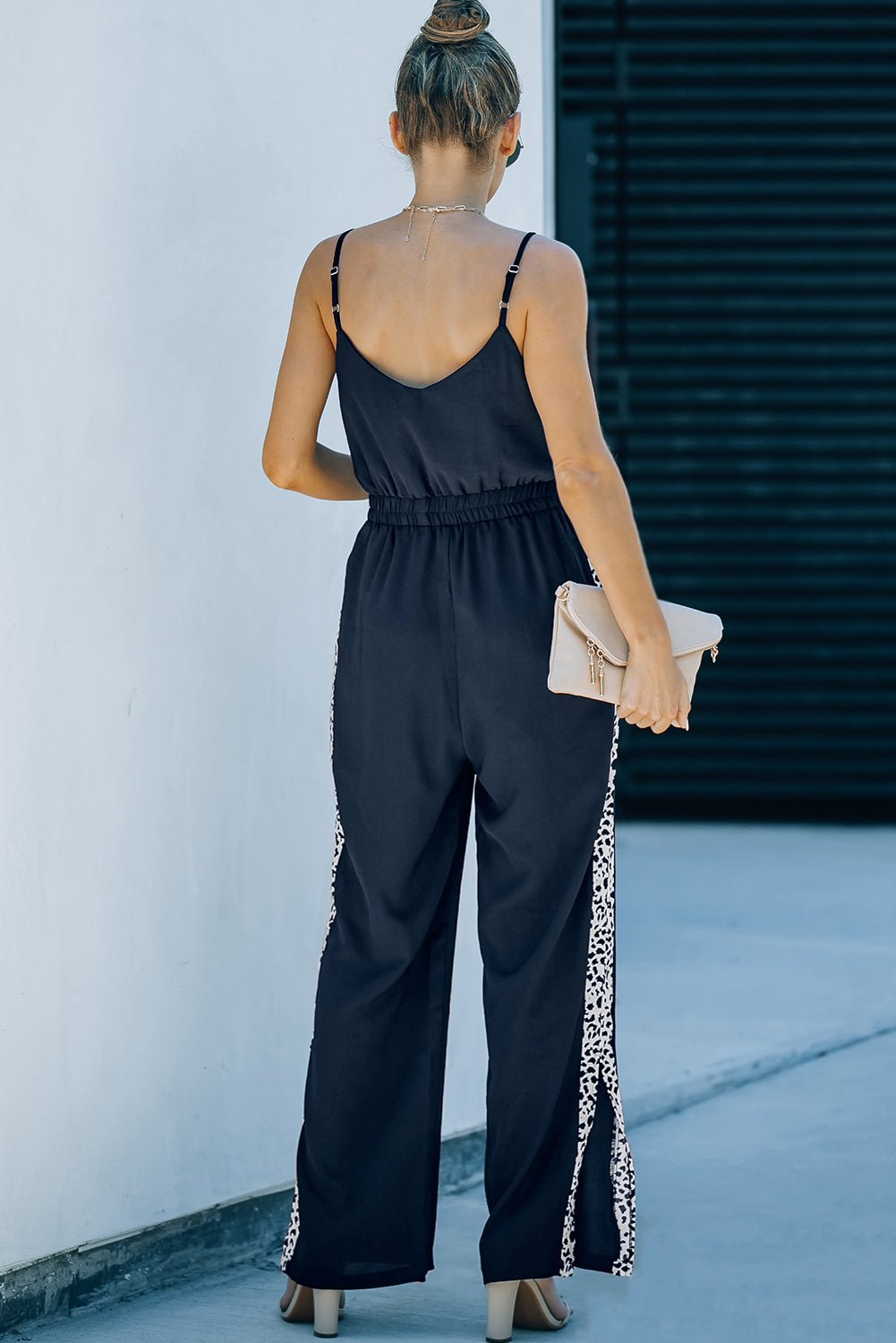 Leopard Contrast Spaghetti Strap Wide Leg Jumpsuit  | KIKI COUTURE-Women's Clothing, Designer Fashions, Shoes, Bags