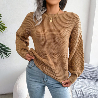 Mixed Knit Round Neck Dropped Shoulder Sweater  | KIKI COUTURE-Women's Clothing, Designer Fashions, Shoes, Bags