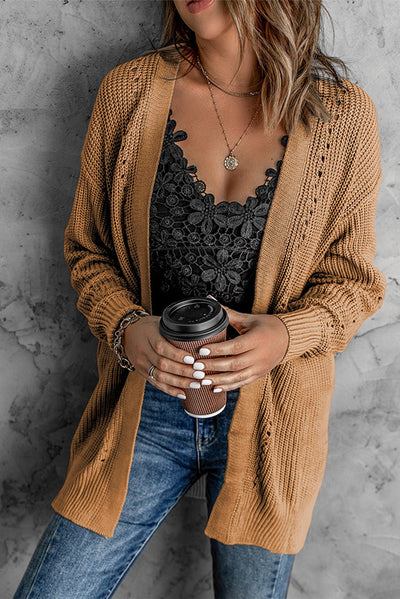 Openwork Rib-Knit Slit Cardigan with Pockets  | KIKI COUTURE-Women's Clothing, Designer Fashions, Shoes, Bags