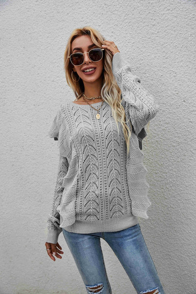 Openwork Round Neck Ruffled Sweater  | KIKI COUTURE-Women's Clothing, Designer Fashions, Shoes, Bags
