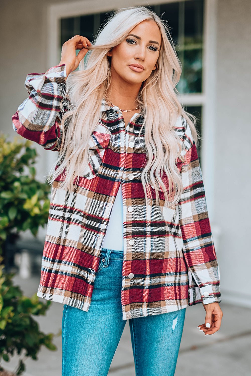 Plaid Button Front Shirt Jacket with Breast Pockets  | KIKI COUTURE-Women's Clothing, Designer Fashions, Shoes, Bags