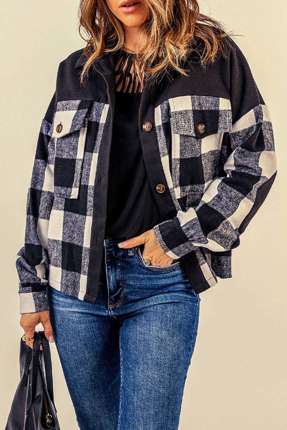 Plaid Button-Up Shirt Jacket with Pockets  | KIKI COUTURE-Women's Clothing, Designer Fashions, Shoes, Bags