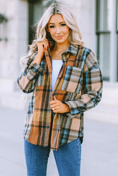 Plaid Curved Hem Shirt Jacket with Breast Pockets  | KIKI COUTURE-Women's Clothing, Designer Fashions, Shoes, Bags