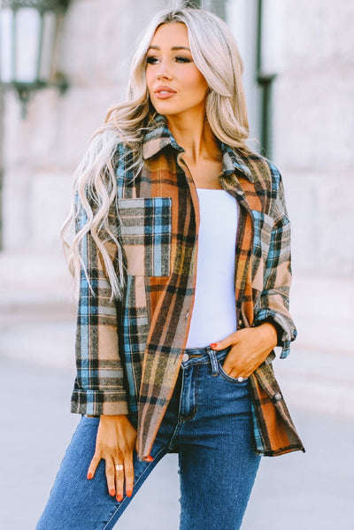 Plaid Curved Hem Shirt Jacket with Breast Pockets  | KIKI COUTURE-Women's Clothing, Designer Fashions, Shoes, Bags