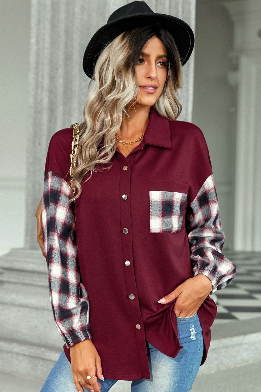 Plaid Dropped Shoulder Shirt with Breast Pocket  | KIKI COUTURE-Women's Clothing, Designer Fashions, Shoes, Bags
