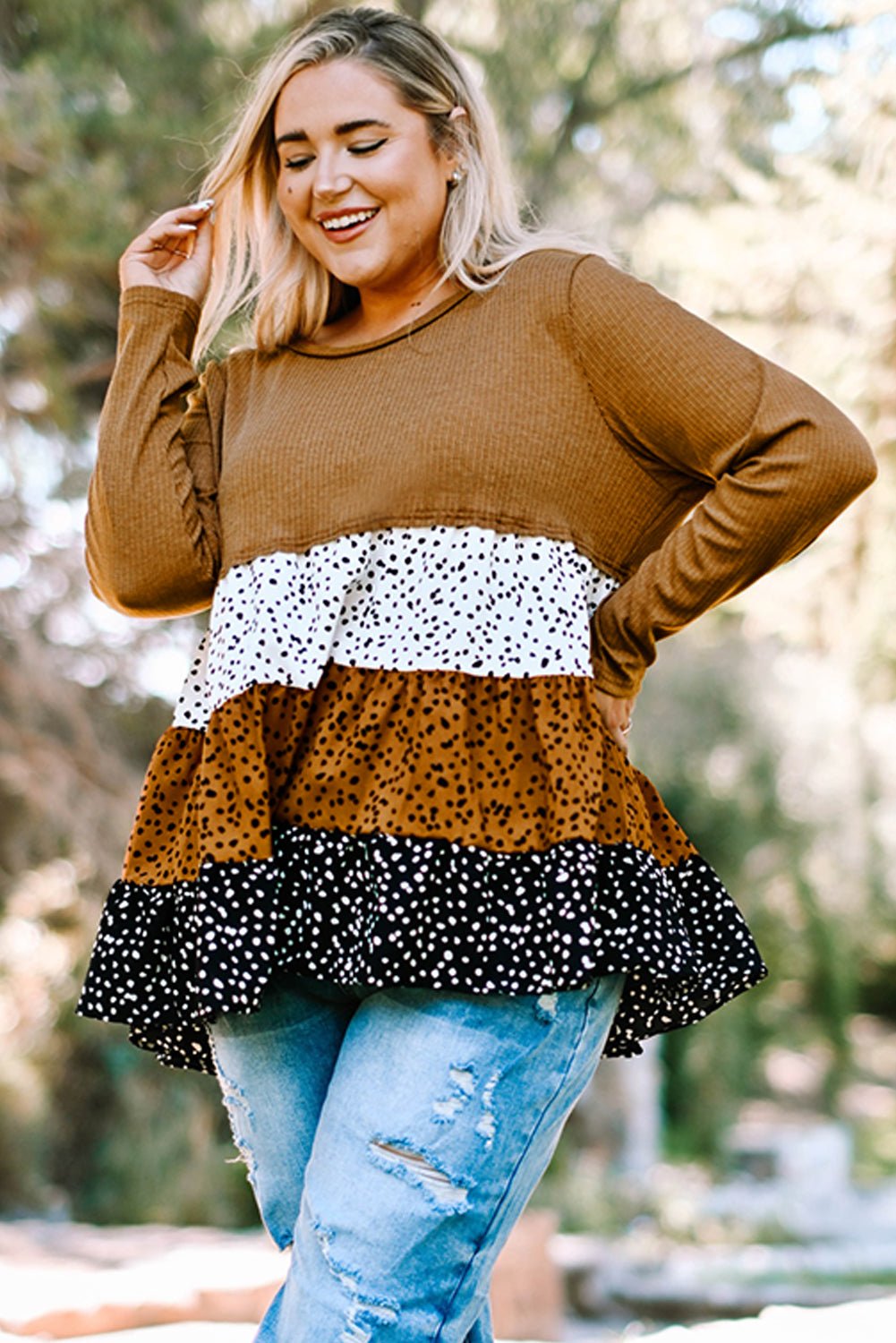 Plus Size Animal Print Color Block Ribbed Babydoll Top  | KIKI COUTURE-Women's Clothing, Designer Fashions, Shoes, Bags