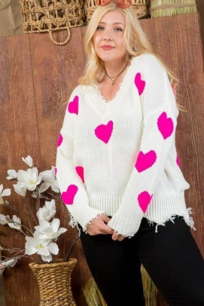 Plus Size Neon Fuchsia Heart Print Distressed V Neck Long Sleeve Sweater | KIKI COUTURE-Women's Clothing, Designer Fashions, Shoes, Bags