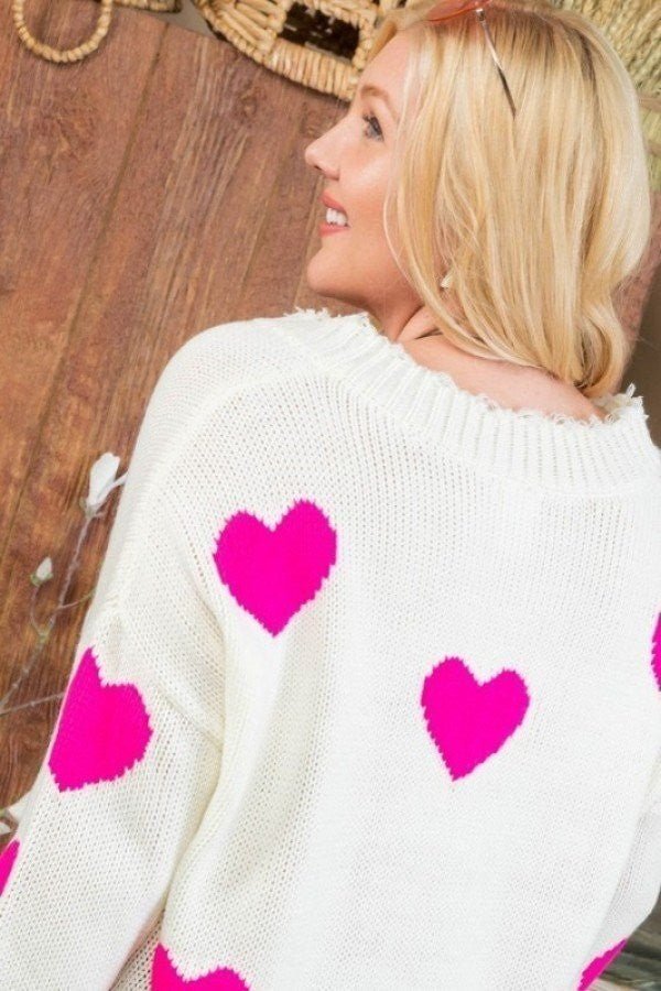Plus Size Neon Fuchsia Heart Print Distressed V Neck Long Sleeve Sweater | KIKI COUTURE-Women's Clothing, Designer Fashions, Shoes, Bags