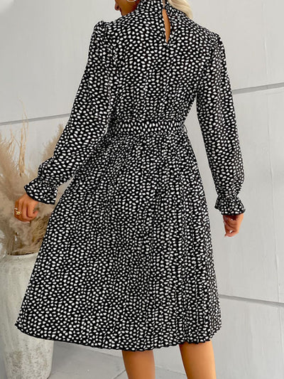 Printed Tie-Waist Flounce Sleeve Keyhole Midi Dress  | KIKI COUTURE-Women's Clothing, Designer Fashions, Shoes, Bags