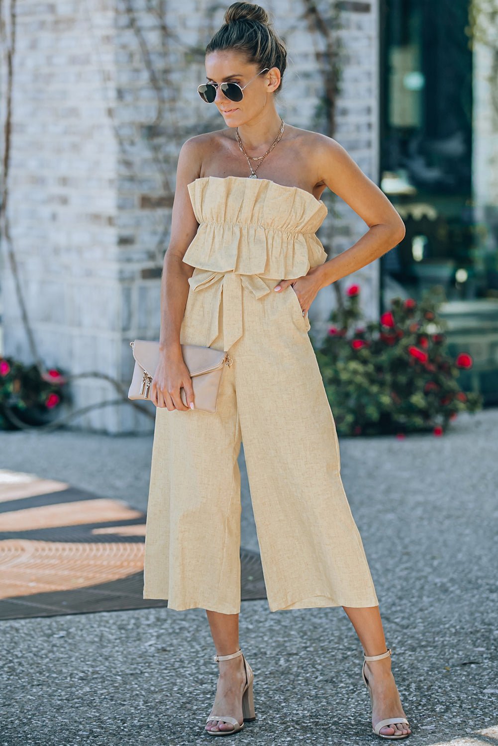 Ruffled Strapless Wide Leg Jumpsuit  | KIKI COUTURE-Women's Clothing, Designer Fashions, Shoes, Bags