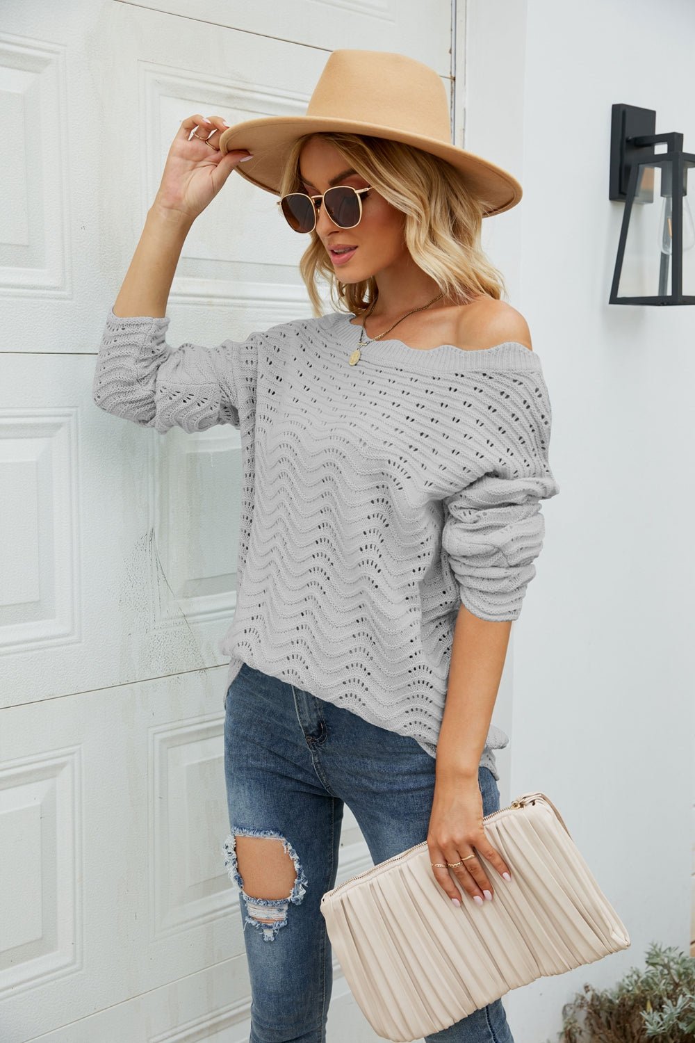 Scalloped Boat Neck Openwork Tunic Sweater  | KIKI COUTURE-Women's Clothing, Designer Fashions, Shoes, Bags