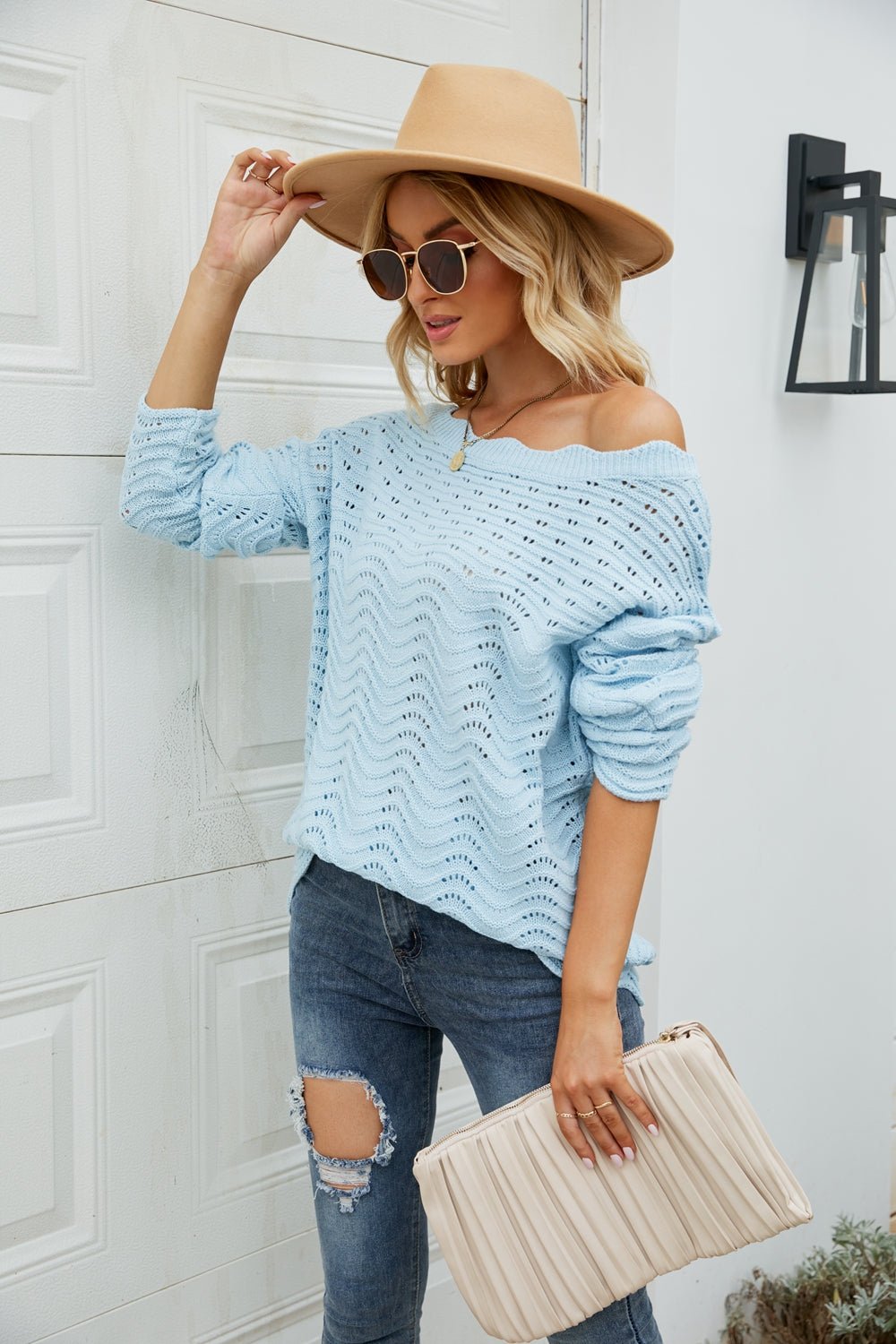 Scalloped Boat Neck Openwork Tunic Sweater  | KIKI COUTURE-Women's Clothing, Designer Fashions, Shoes, Bags