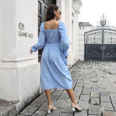 Smocked Square Neck Midi Dress  | KIKI COUTURE-Women's Clothing, Designer Fashions, Shoes, Bags
