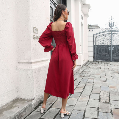 Smocked Square Neck Midi Dress  | KIKI COUTURE-Women's Clothing, Designer Fashions, Shoes, Bags