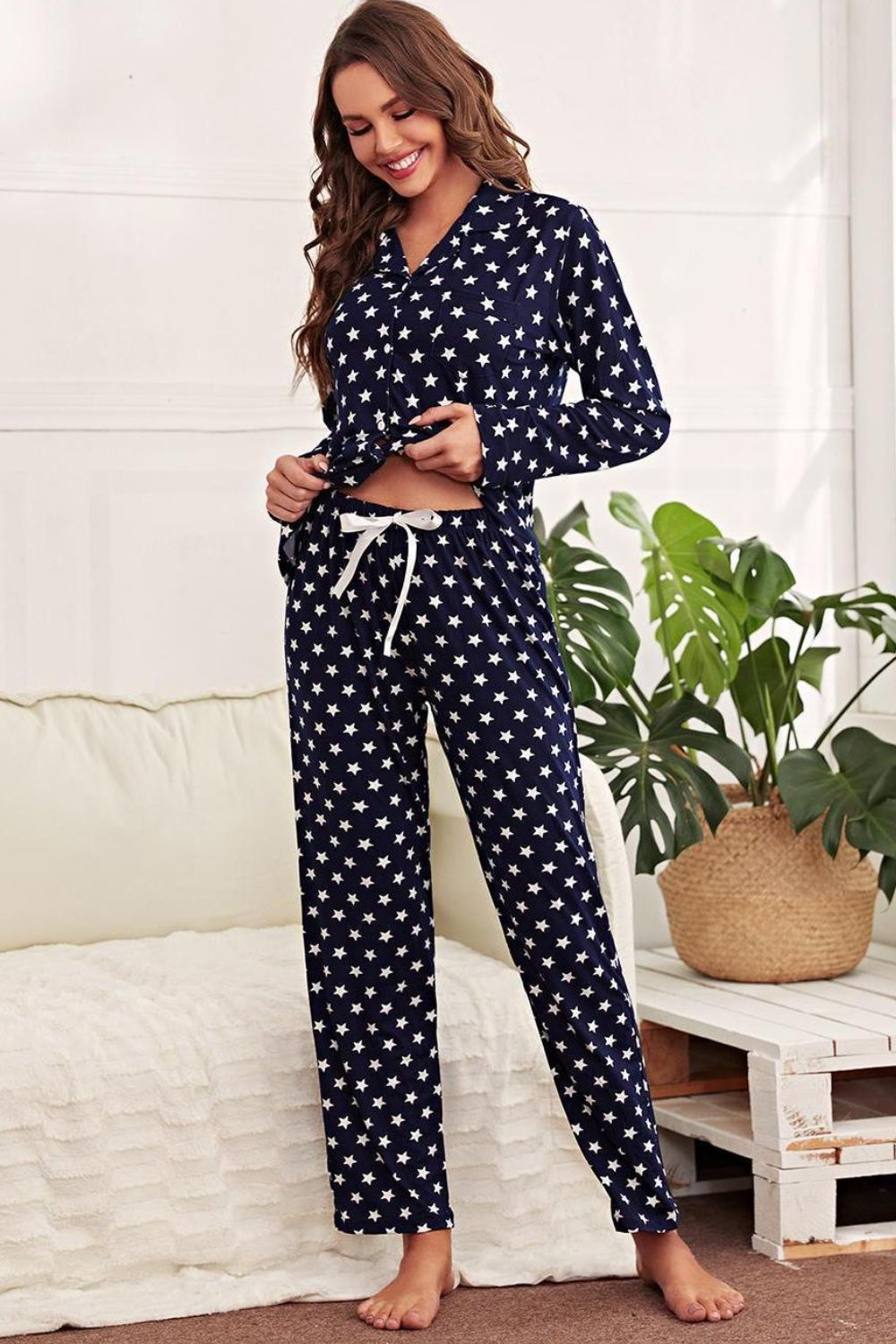 Star Print Button-Up Shirt and Pants Lounge Set  | KIKI COUTURE-Women's Clothing, Designer Fashions, Shoes, Bags