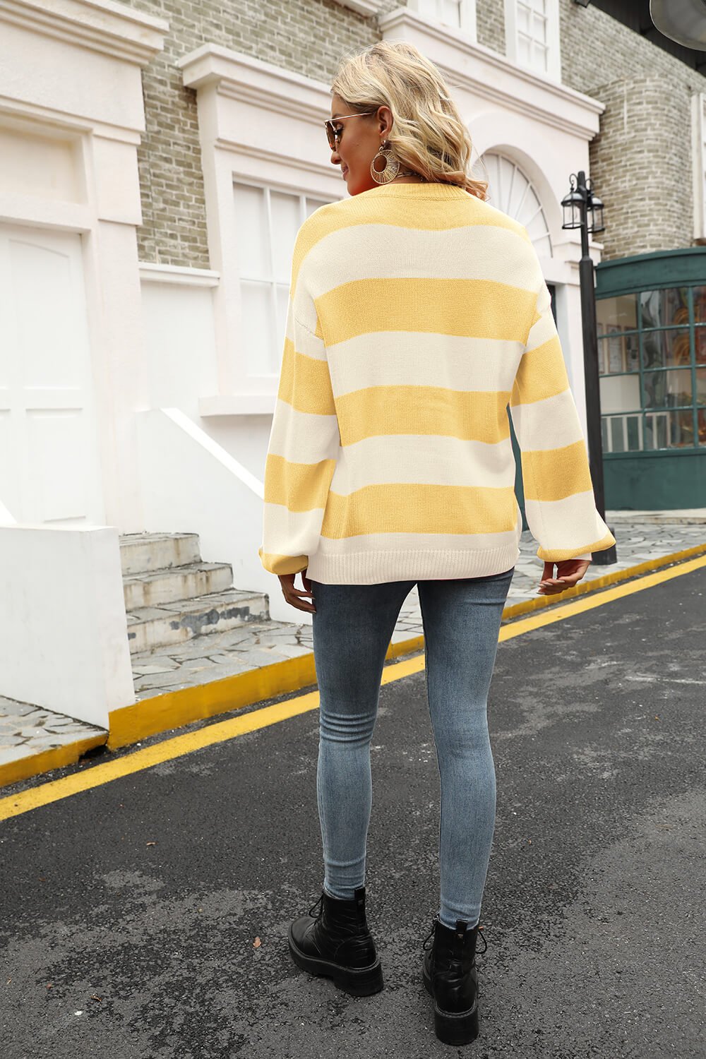 Striped Balloon Sleeve Knit Pullover  | KIKI COUTURE-Women's Clothing, Designer Fashions, Shoes, Bags