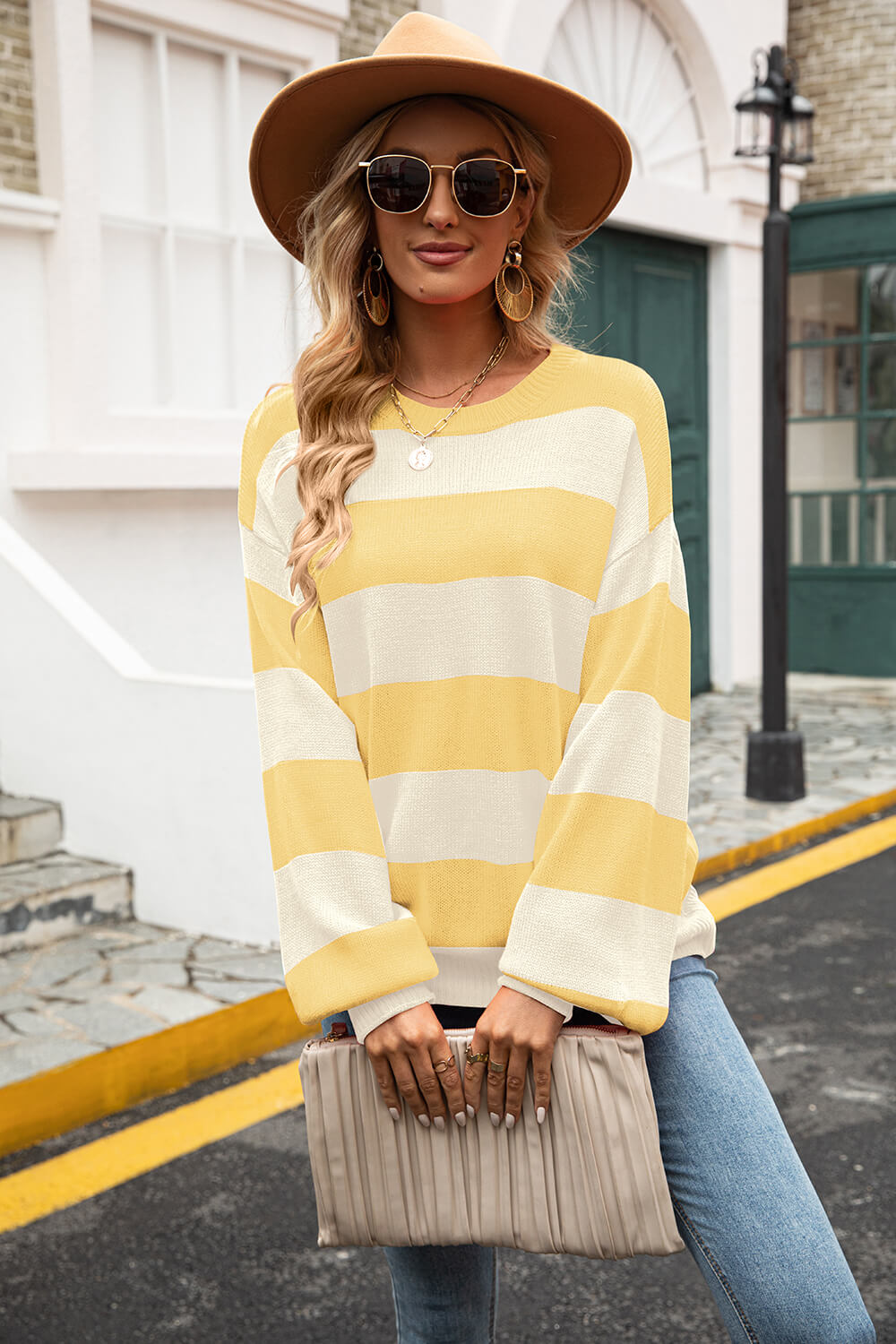 Striped Balloon Sleeve Knit Pullover  | KIKI COUTURE-Women's Clothing, Designer Fashions, Shoes, Bags