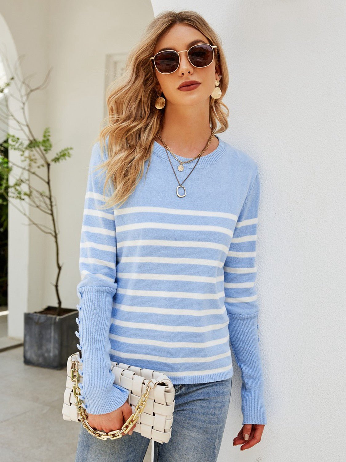 Striped Decorative Button Knit Top  | KIKI COUTURE-Women's Clothing, Designer Fashions, Shoes, Bags