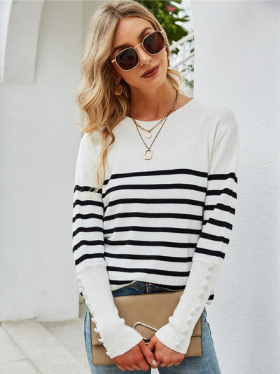 Striped Decorative Button Knit Top  | KIKI COUTURE-Women's Clothing, Designer Fashions, Shoes, Bags