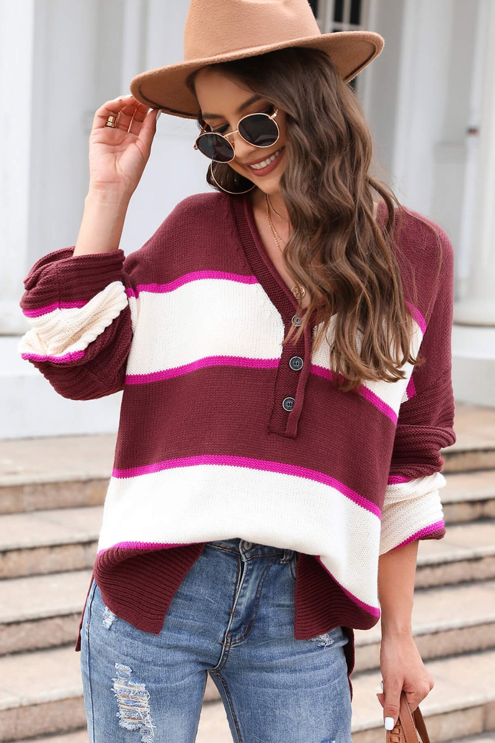 Striped Dropped Shoulder Side Slit Sweater  | KIKI COUTURE-Women's Clothing, Designer Fashions, Shoes, Bags