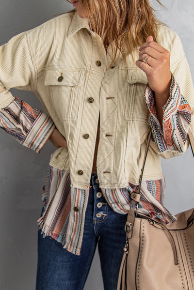 Striped Frayed Hem Corduroy Jacket  | KIKI COUTURE-Women's Clothing, Designer Fashions, Shoes, Bags