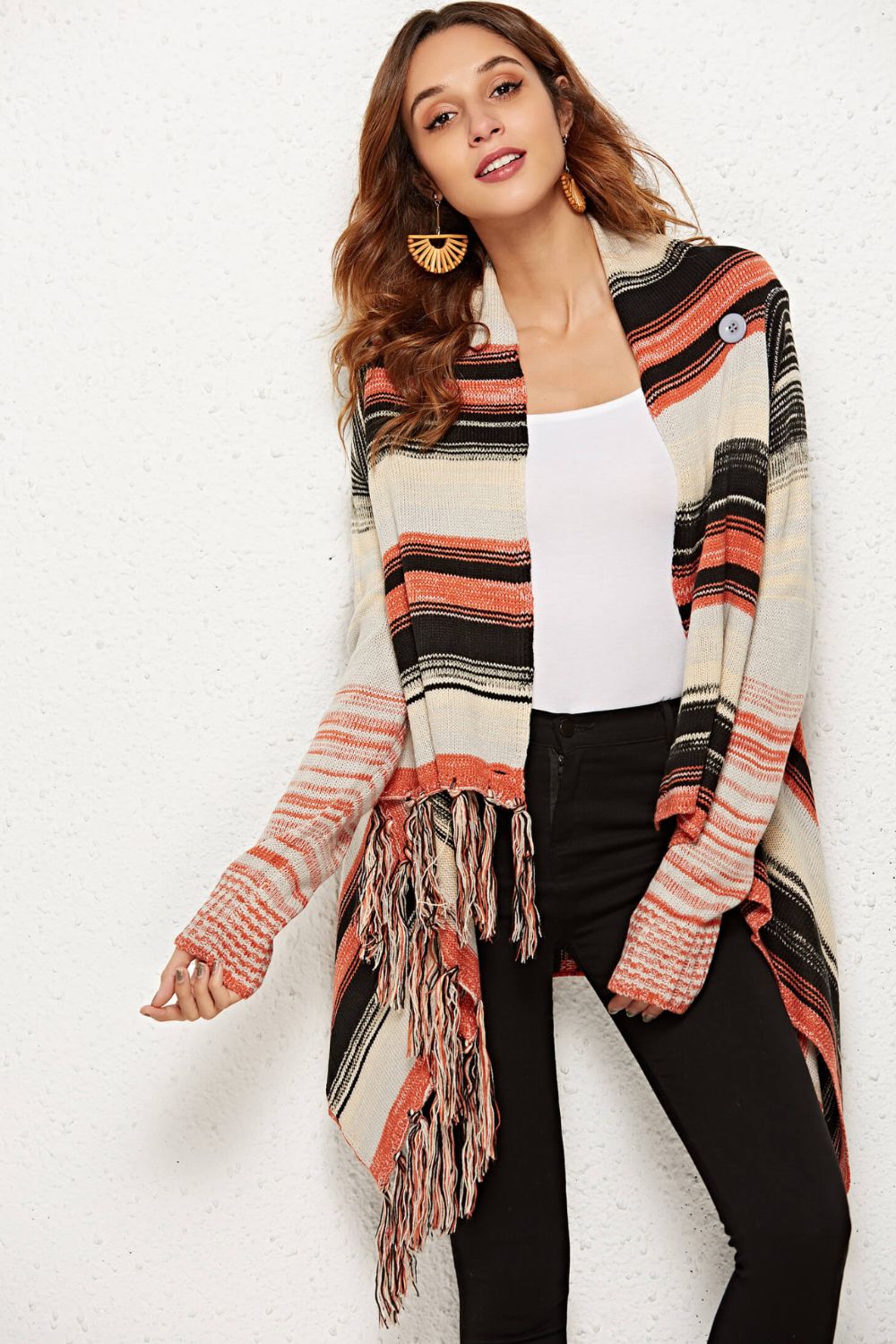 Striped Tassel Detail One-Button Cardigan  | KIKI COUTURE-Women's Clothing, Designer Fashions, Shoes, Bags
