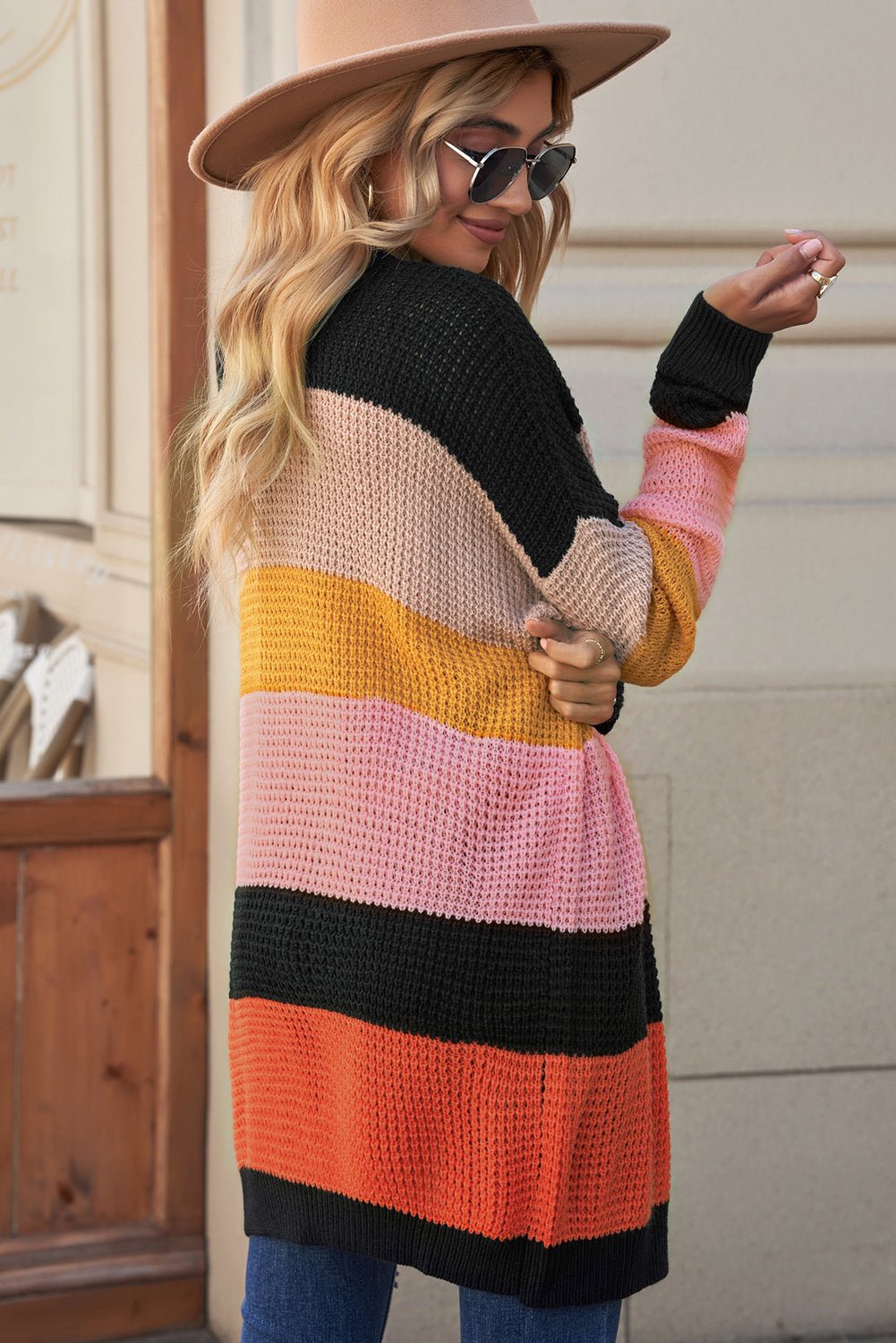 Striped Waffle Knit Open Front Cardigan  | KIKI COUTURE-Women's Clothing, Designer Fashions, Shoes, Bags